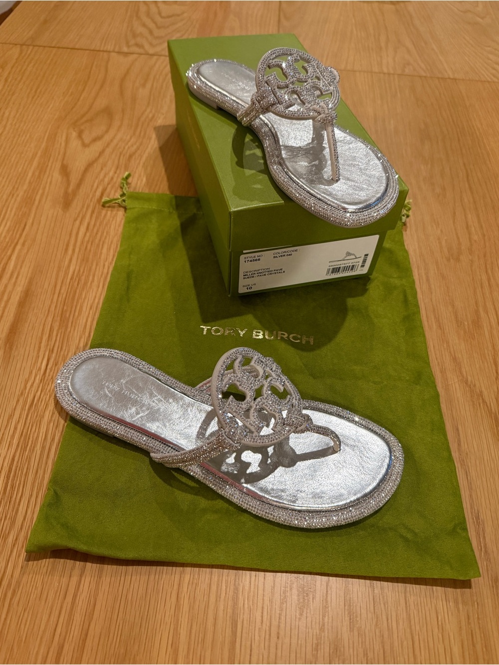 TORY BURCH MILLER SILVER KNOTTED PAVE CRYSTAL FLIP FLOP THONG SANDAL/Sz 10M